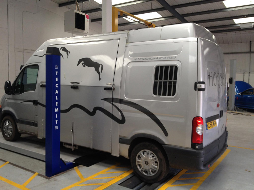 MOT Testing Centre - Horsebox being MOT'd on the MOT Ramp at Motech Autocentres Newbury