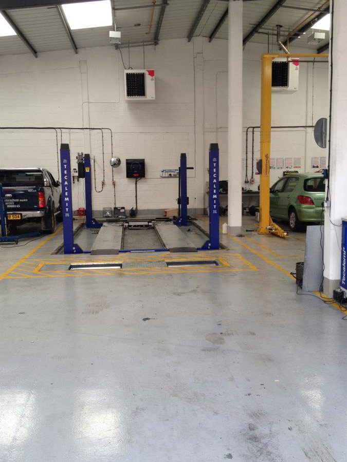 MOT bay at Motech Autocentres, Newbury, Berkshire